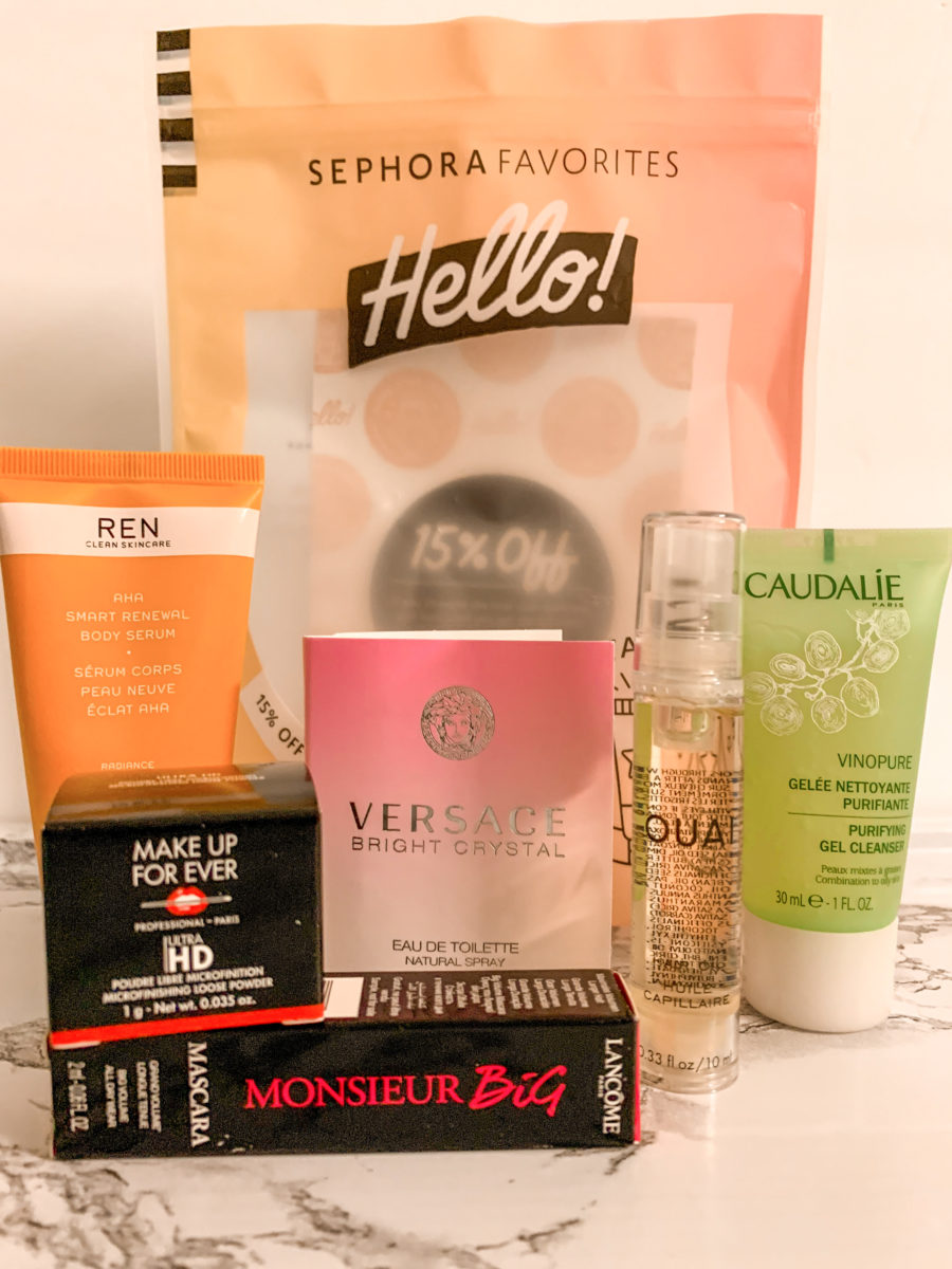 sephora hello sample bag including ren, caudalie, versace, ouai, make up for ever, and lancome