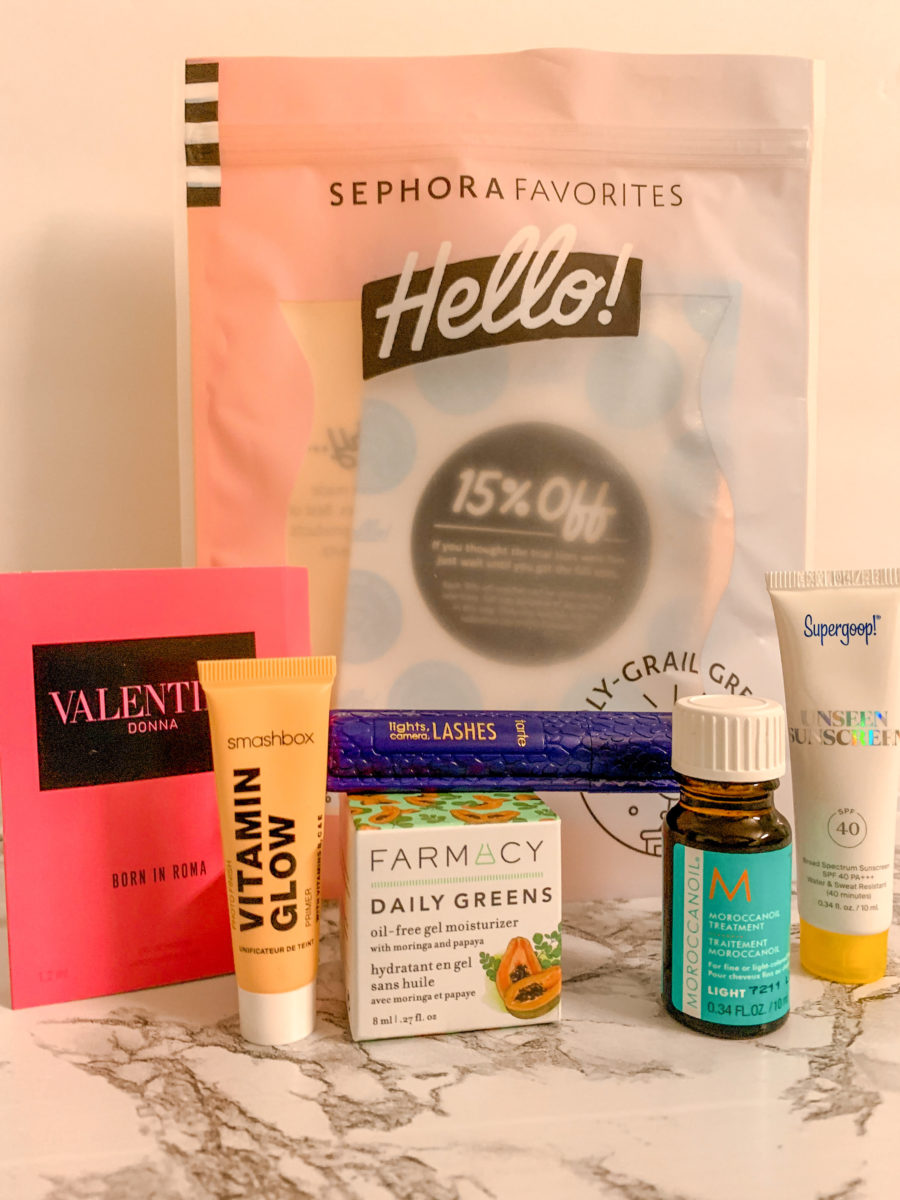 sephora hello sample bag including valentino, farmacy, moroccanoil, smashbox, supergoop, and tarte